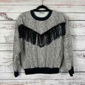 Women's VTG 80s Sky Lite Black Leopard Print Fringe Western Cowgirl Sweatshirt L